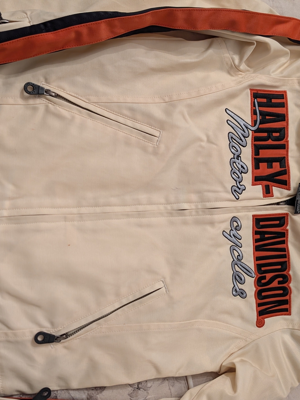 Harley-Davidson Cream Bomber Jacket with Orange and Black Logos